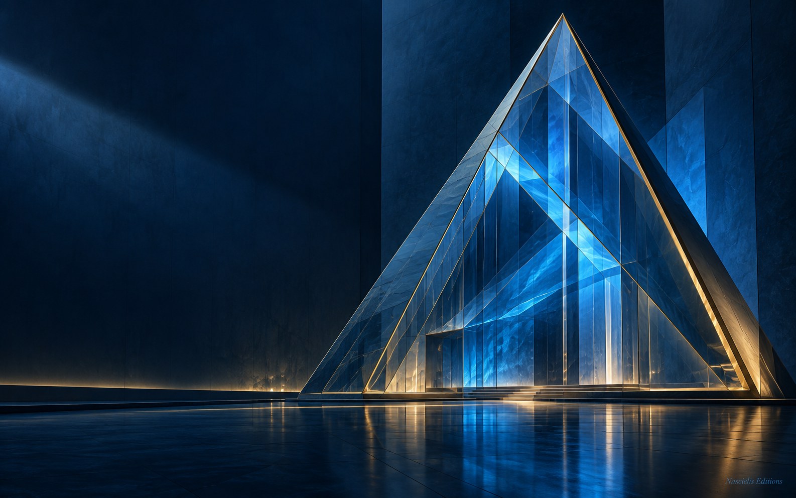 Architecture triangulaire en verre éclairée d’azur et d’or dans un espace bleu nuit, illustration conceptuelle de la structuration stratégique.